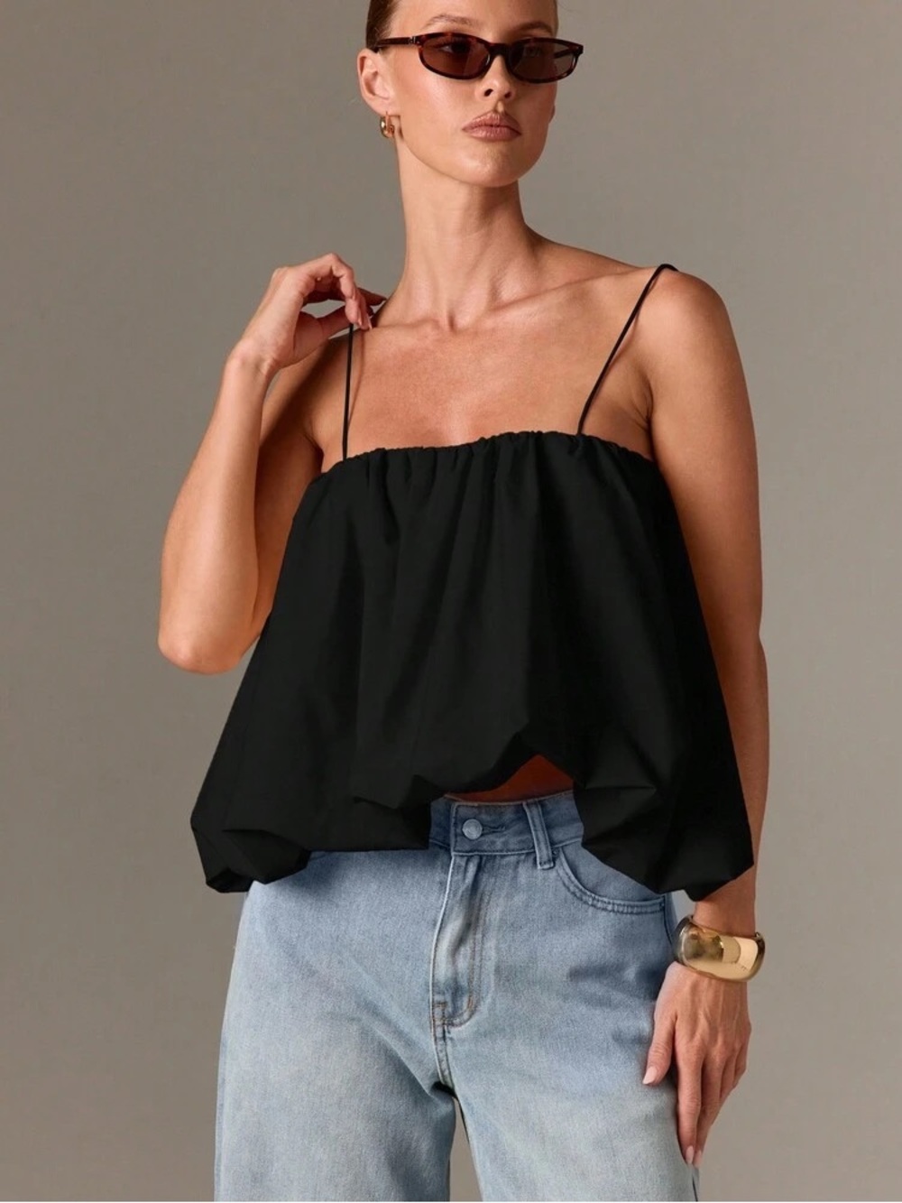 Black Spaghetti-Strap Relaxed Camisole Top